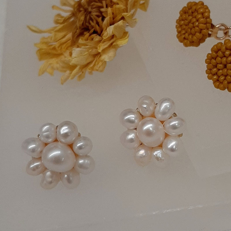 Bridget - seed bead studs and natural cultured freshwater pearls drop earrings