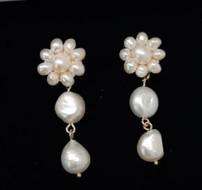Bridget - seed bead studs and natural cultured freshwater pearls drop earrings