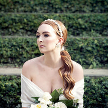 Load image into Gallery viewer, Chiara - crystal clear and white cultured freshwater pearls and silver leaves headband and earrings SET