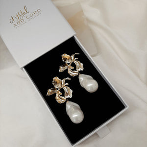 Clarissa - golden orchid shape flower and cascading pearl drop earrings