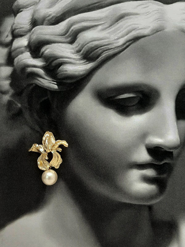 Clarissa - golden orchid shape flower and cascading pearl drop earrings