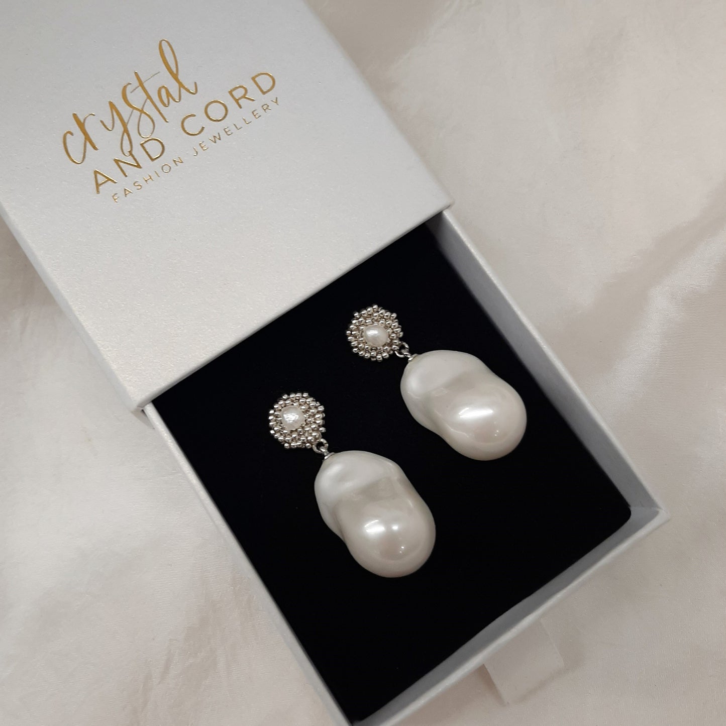 Claudette - baroque faux pearl, tiny seed beads and freshwater pearl stud drop earrings