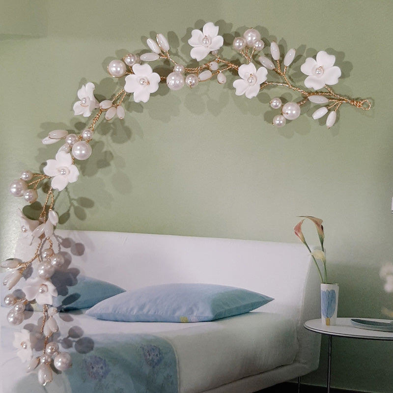 Clementine - crystal base pearls, shell beads and polymer clay flowers hair vine