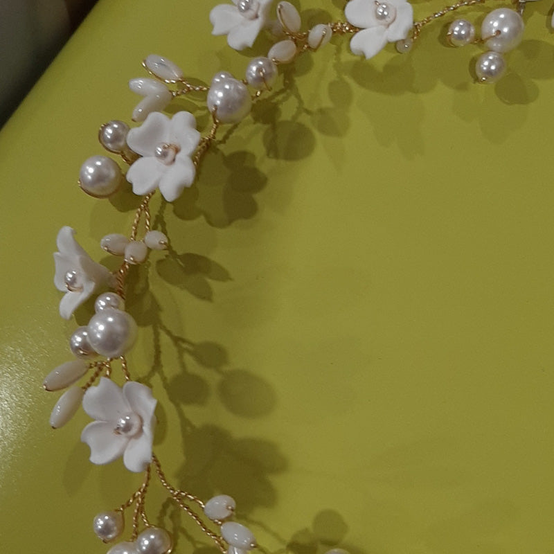 Clementine - crystal base pearls, shell beads and polymer clay flowers hair vine