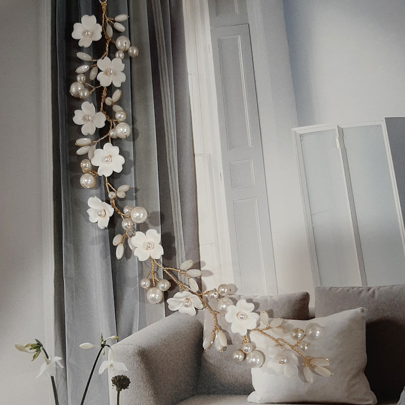 Clementine - crystal base pearls, shell beads and polymer clay flowers hair vine