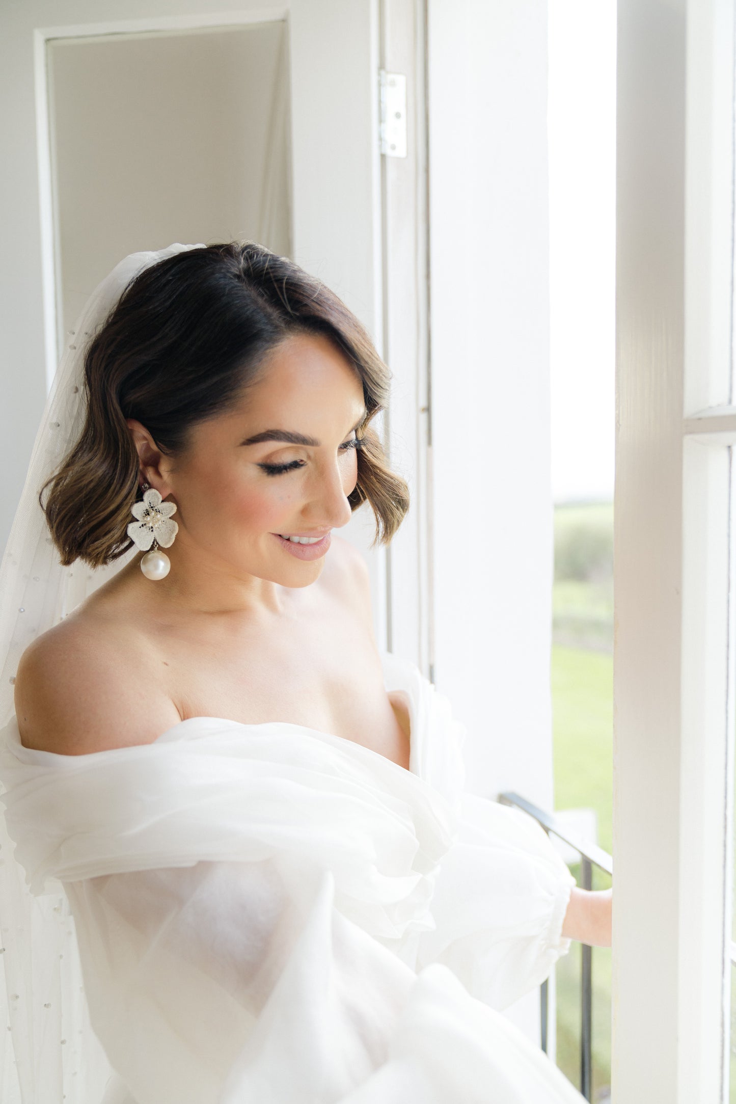 Nina - white ivory lace flower and Preciosa crystal pearls statement drop stud earrings