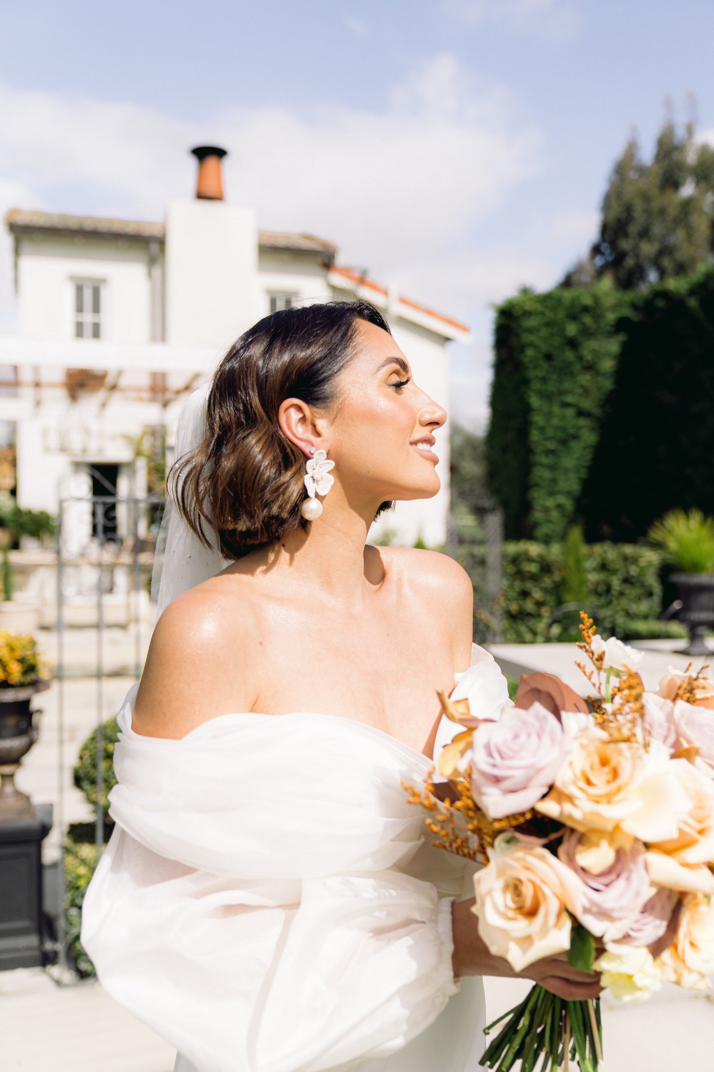 Nina - white ivory lace flower and Preciosa crystal pearls statement drop stud earrings