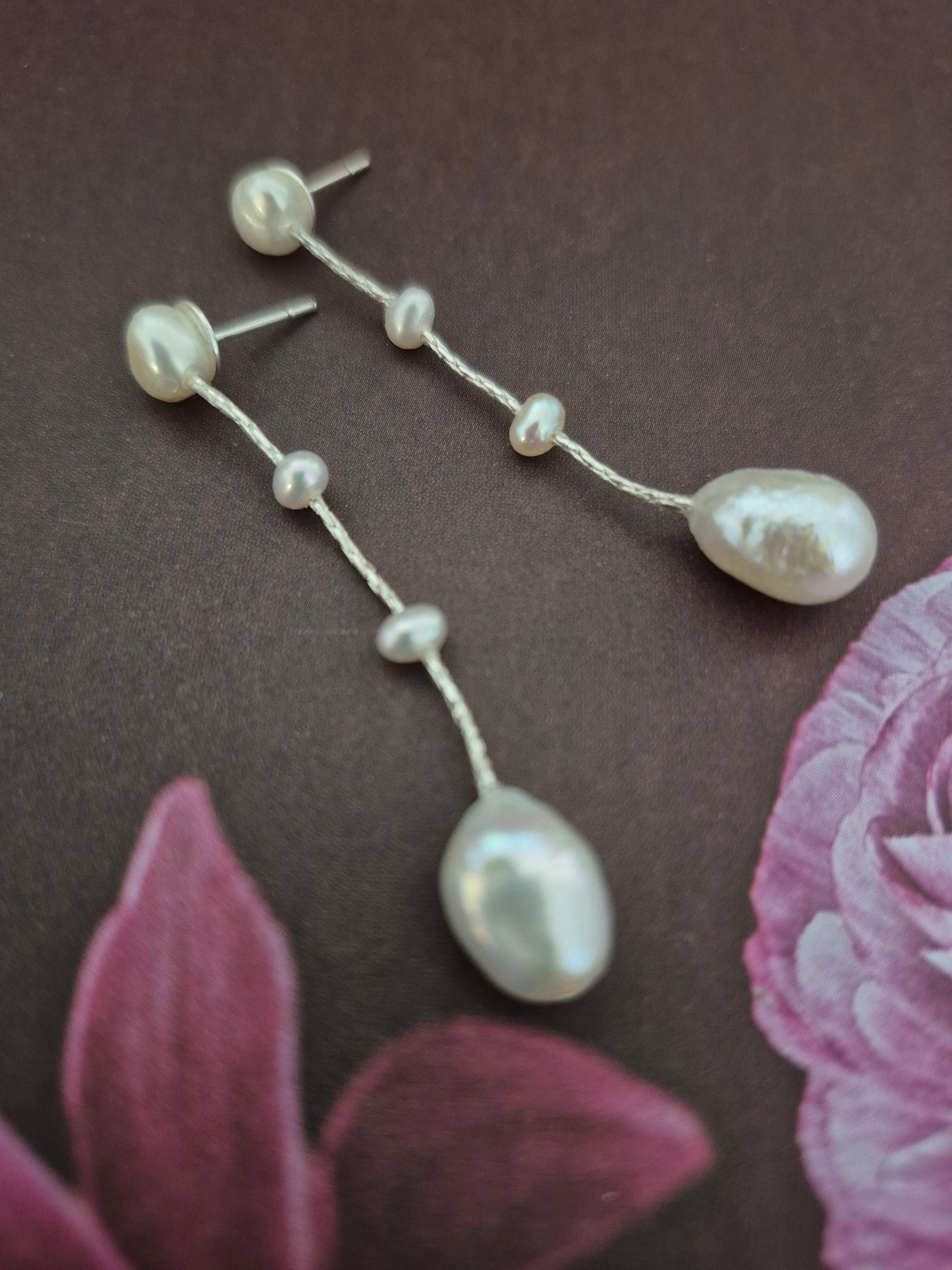 Danielle earrings - crystal pearls or freshwater pearls Boston thread cascading stud earrings in two lengths