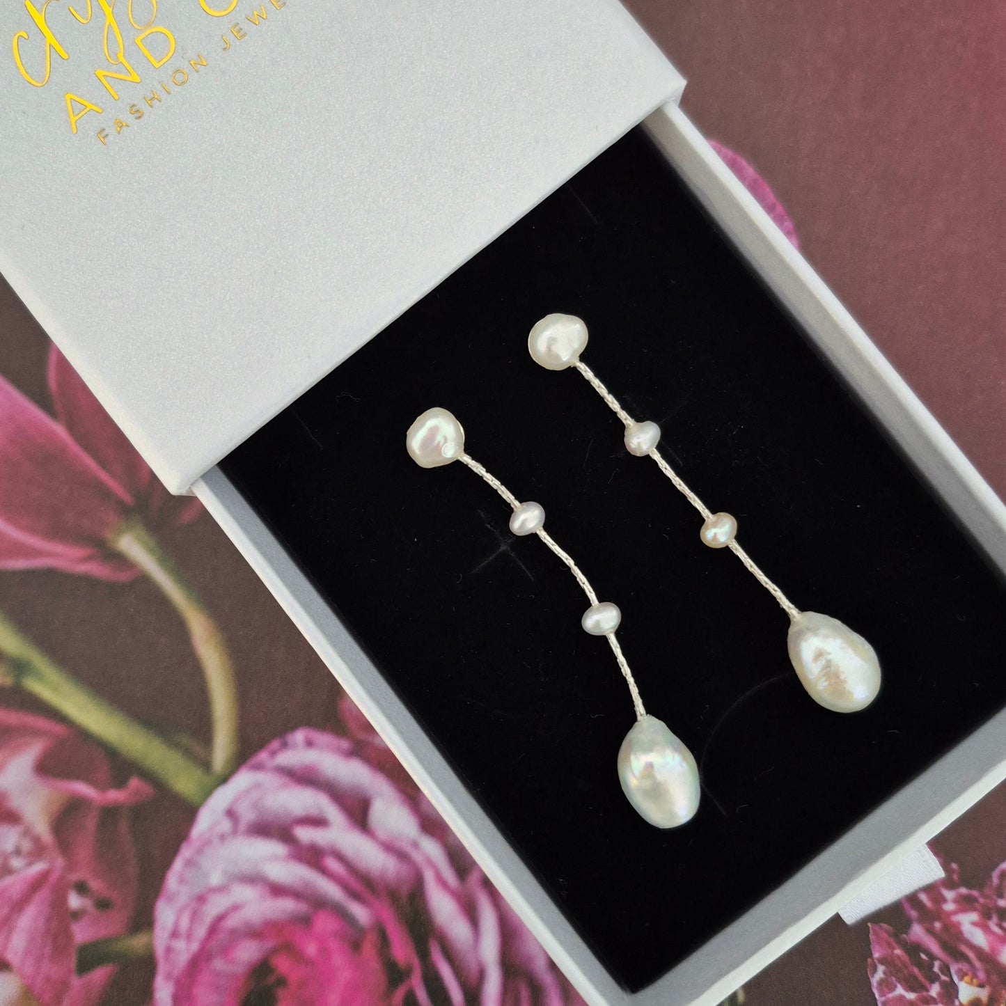 Danielle earrings - crystal pearls or freshwater pearls Boston thread cascading stud earrings in two lengths