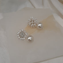 Load image into Gallery viewer, Dora - crystal pearl flower shaped stud and round pearl drop earrings