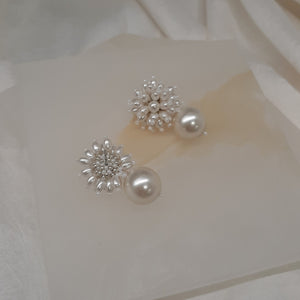 Dora - crystal pearl flower shaped stud and round pearl drop earrings