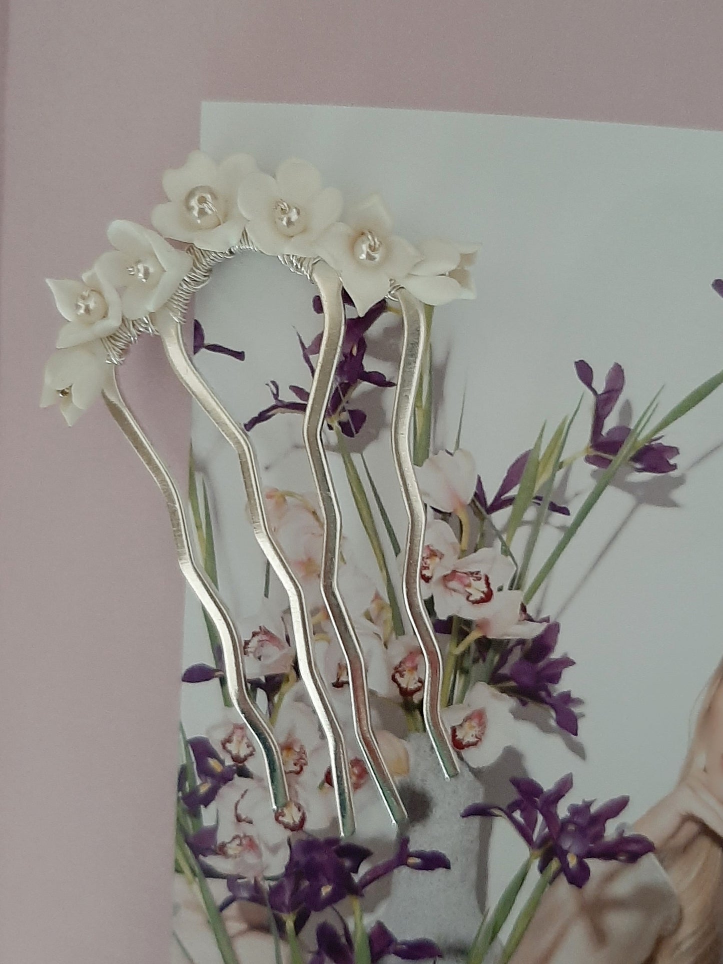 Eden - freshwater pearls or polymer clay flowers U shaped hair pins