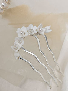 Eden - freshwater pearls or polymer clay flowers U shaped hair pins