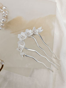 Eden - freshwater pearls or polymer clay flowers U shaped hair pins