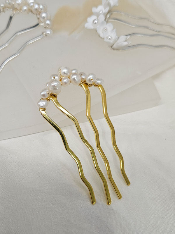 Eden - freshwater pearls or polymer clay flowers U shaped hair pins