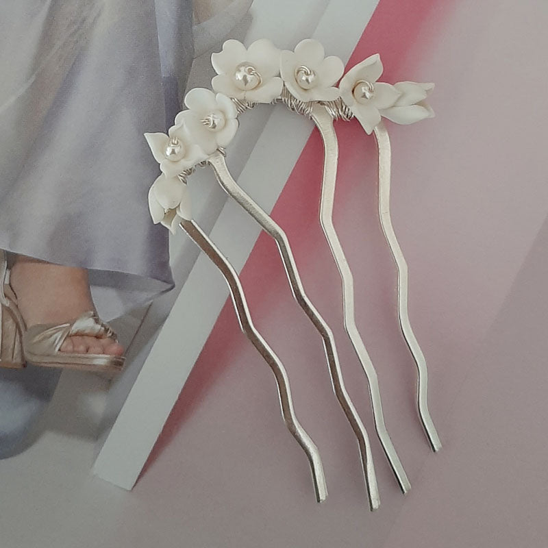 Eden - freshwater pearls or polymer clay flowers U shaped hair pins