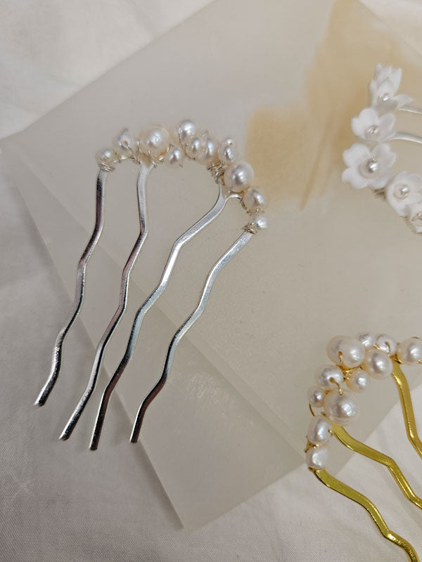 Eden - freshwater pearls or polymer clay flowers U shaped hair pins