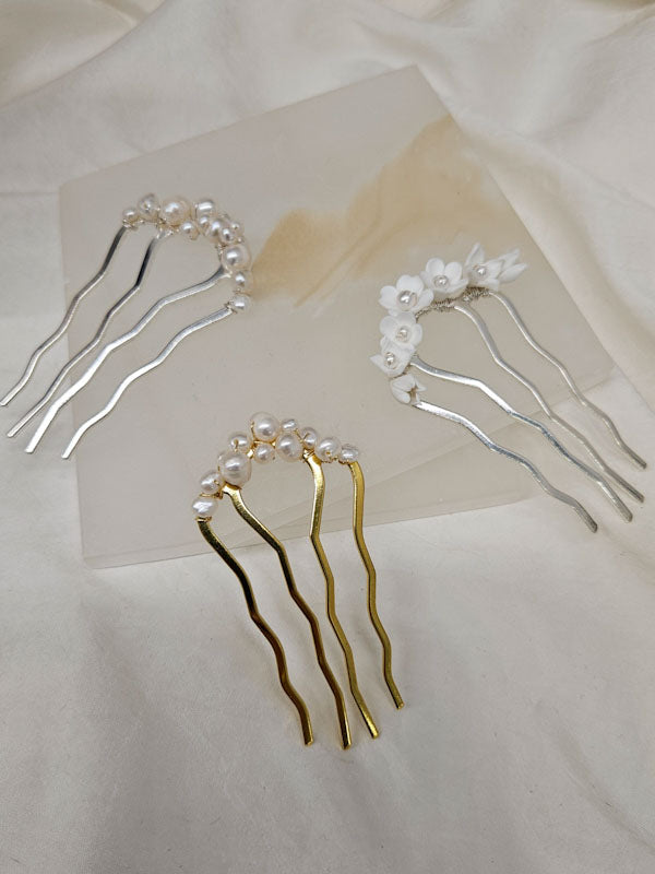 Eden - freshwater pearls or polymer clay flowers U shaped hair pins