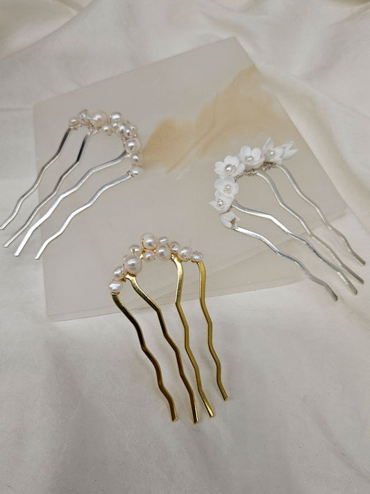 Eden - freshwater pearls or polymer clay flowers U shaped hair pins
