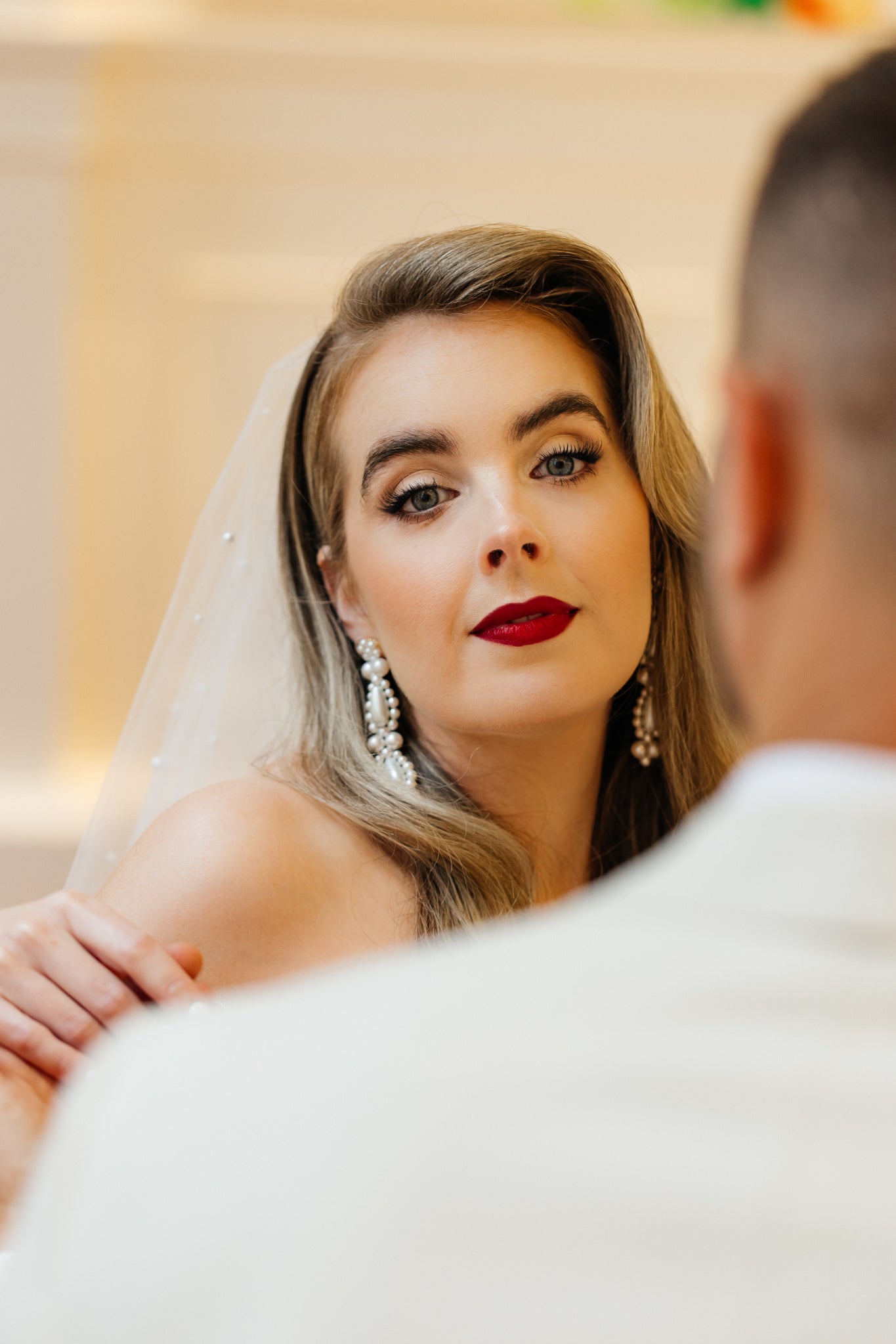 Elizabeth - white round and teardrop shaped crystal pearls cascading stud earrings