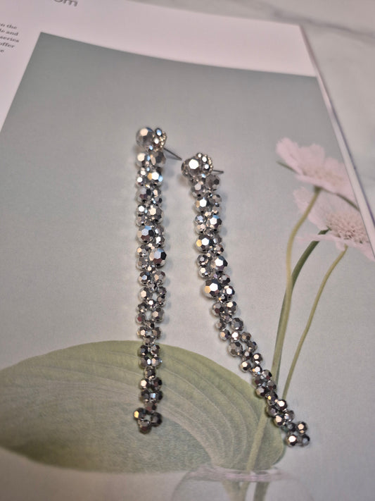 Emiliana Chrome - faceted silver beads long cascading drip earrings