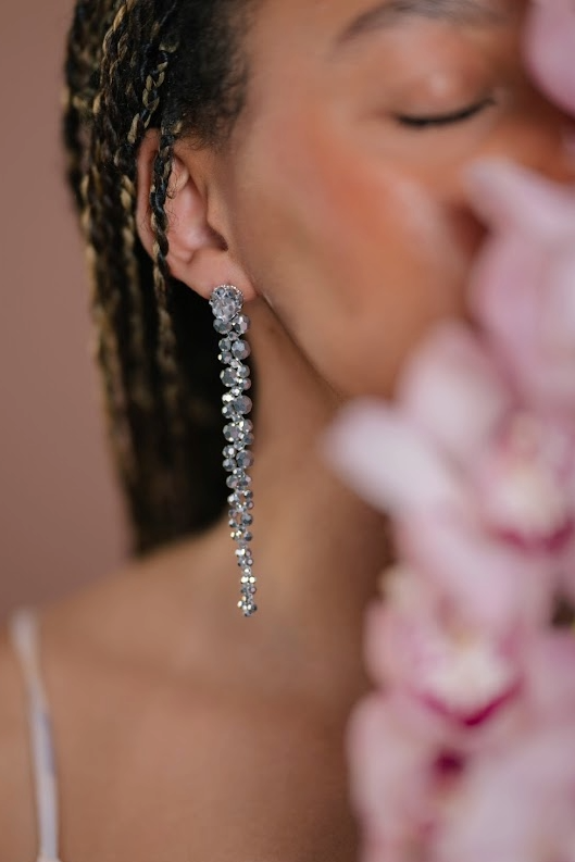 Emiliana Chrome - faceted silver beads long cascading drip earrings