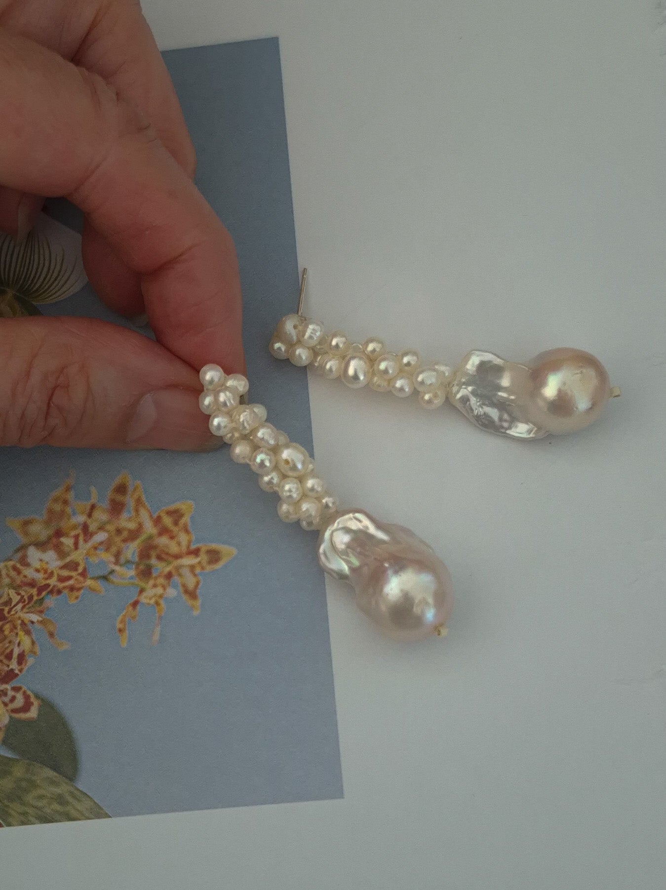 Esme - hand beaded cascading pearl cluster earrings with baroque pearl drop