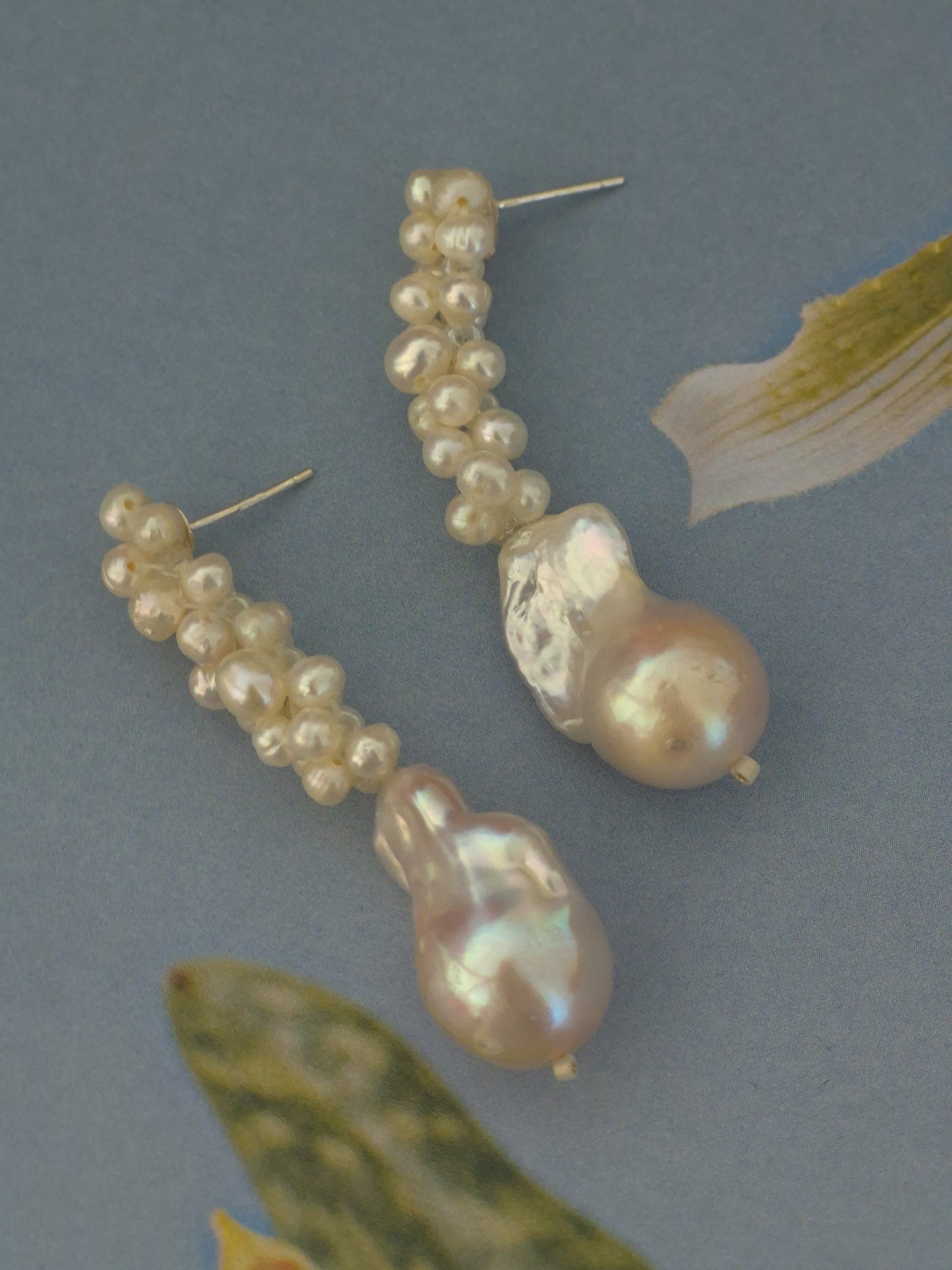 Esme - hand beaded cascading pearl cluster earrings with baroque pearl drop