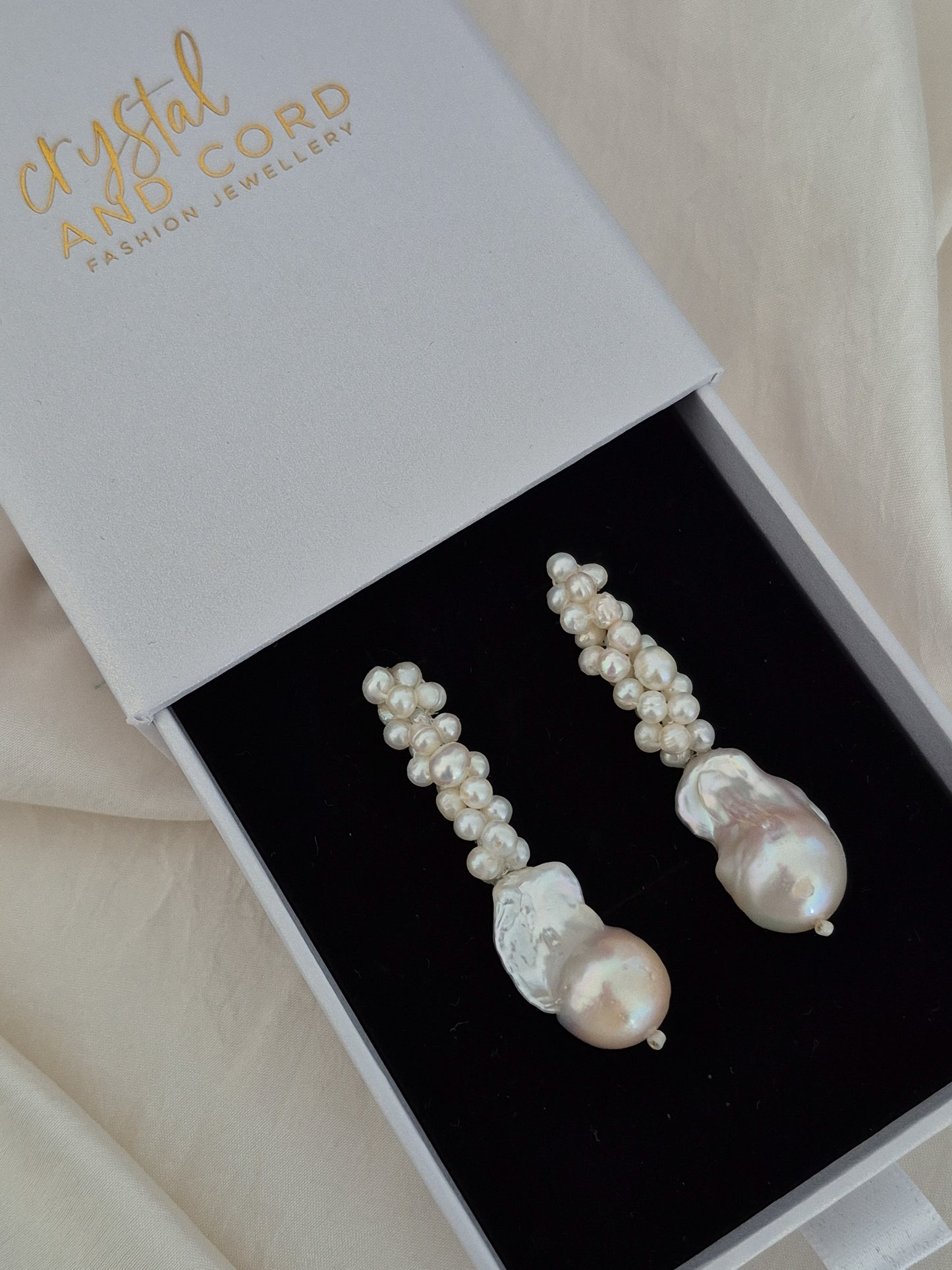 Esme - hand beaded cascading pearl cluster earrings with baroque pearl drop