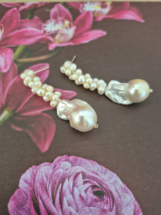 Esme - hand beaded cascading pearl cluster earrings with baroque pearl drop