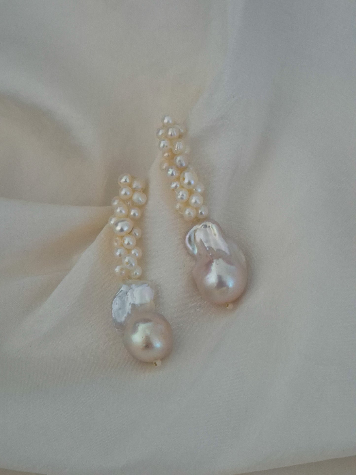 Esme - hand beaded cascading pearl cluster earrings with baroque pearl drop