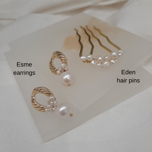 Esme - golden oval and natural cultured freshwater pearls stud earrings