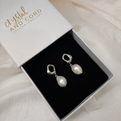 Haisley - silver or gold tone oval hoop and pearl drop earrings