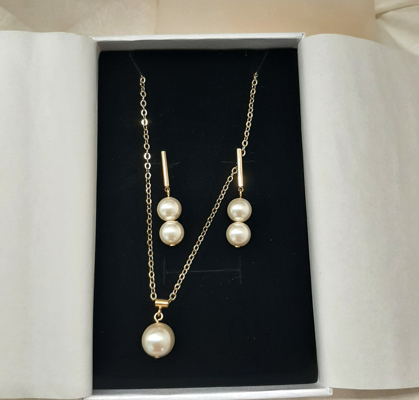 Hayley - gold tone stud bar and two pearls drop earrings, necklace and cuff bracelet