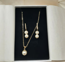 Load image into Gallery viewer, Hayley - gold tone stud bar and two pearls drop earrings, necklace and cuff bracelet