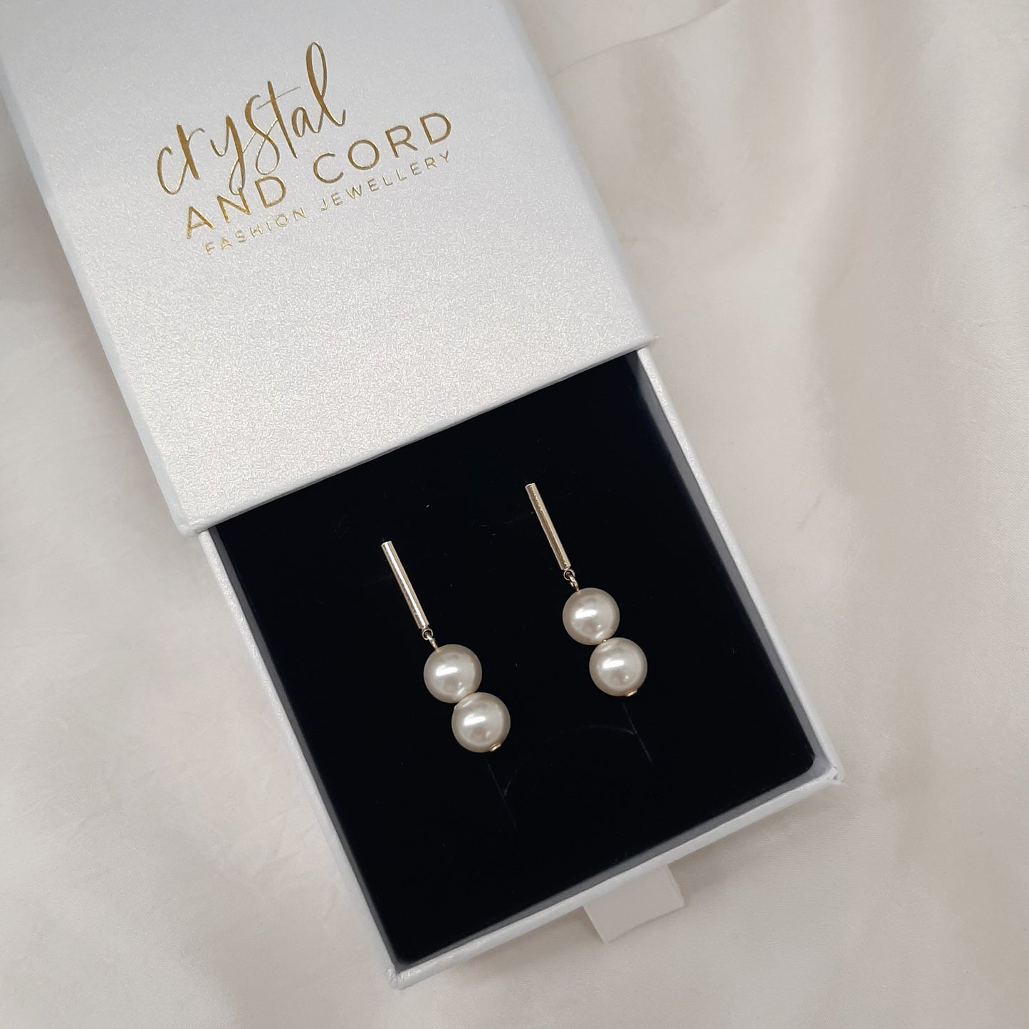 Hayley - gold tone stud bar and two pearls drop earrings, necklace and cuff bracelet