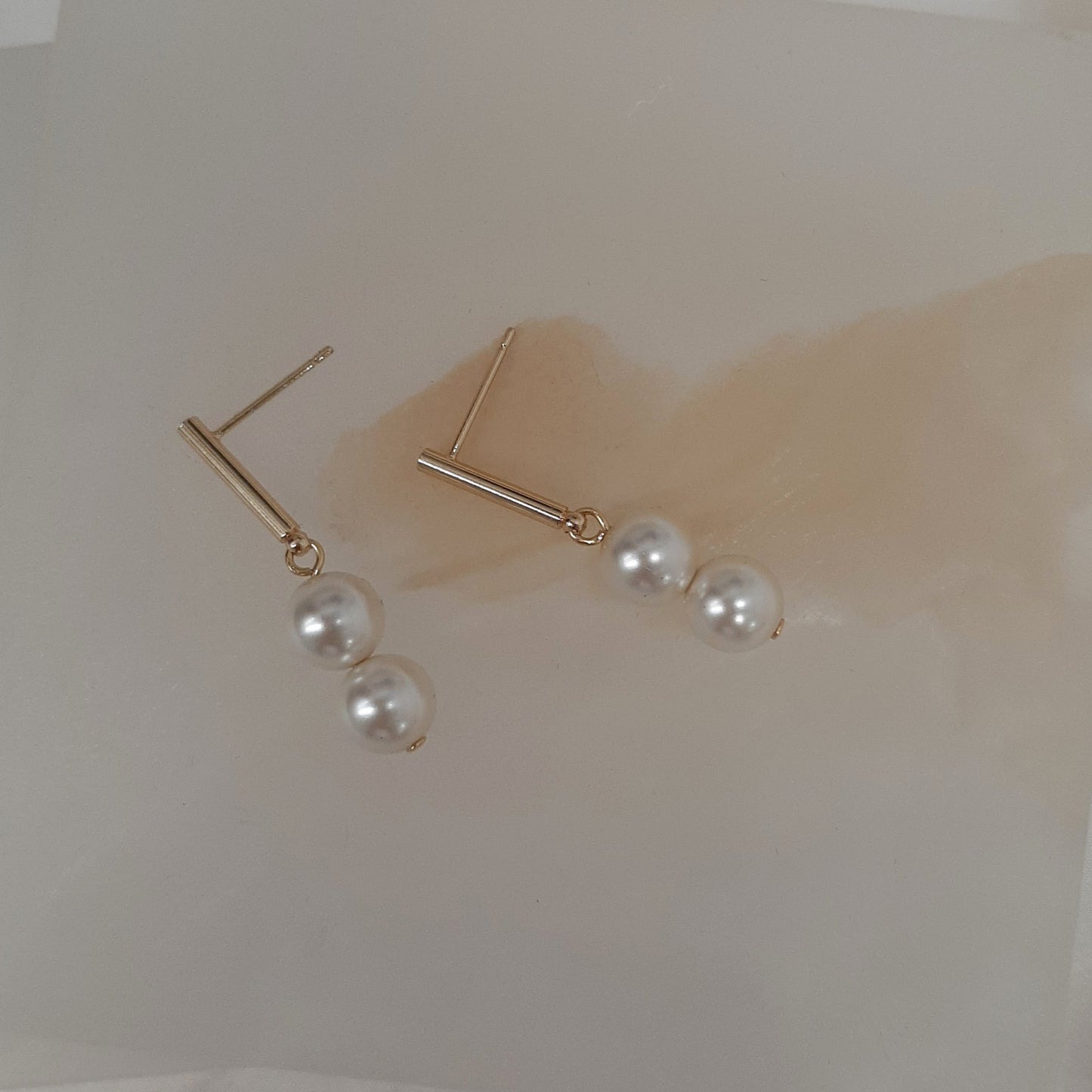 Hayley - gold tone stud bar and two pearls drop earrings, necklace and cuff bracelet