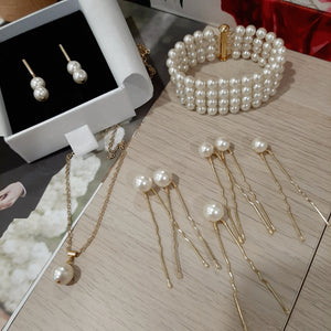 Hayley - gold tone stud bar and two pearls drop earrings, necklace and cuff bracelet