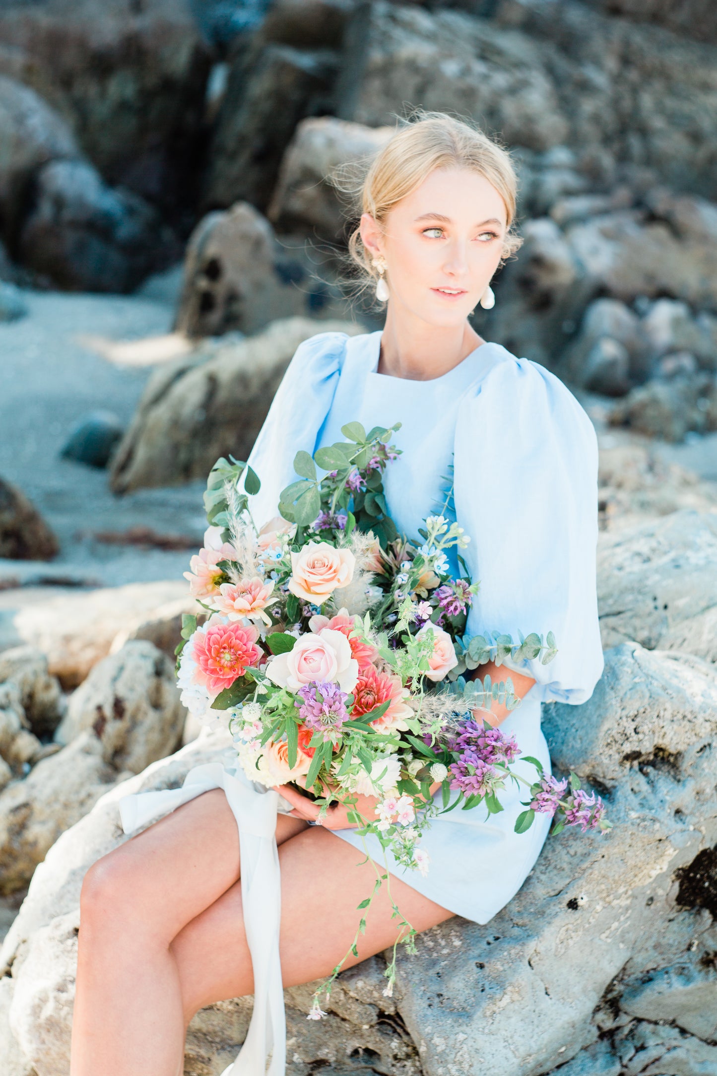 Monica - faux pearl drop and gold tone five petal flower stud earrings