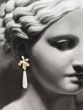 Load image into Gallery viewer, Juliette  - golden orchid shape flower and cascading pearl drop earrings