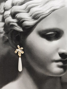Juliette  - golden orchid shape flower and cascading pearl drop earrings