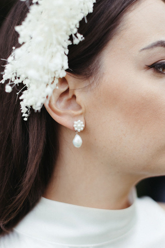 Lila (v2) - natural cultured freshwater pearls flower shaped stud and drop earrings