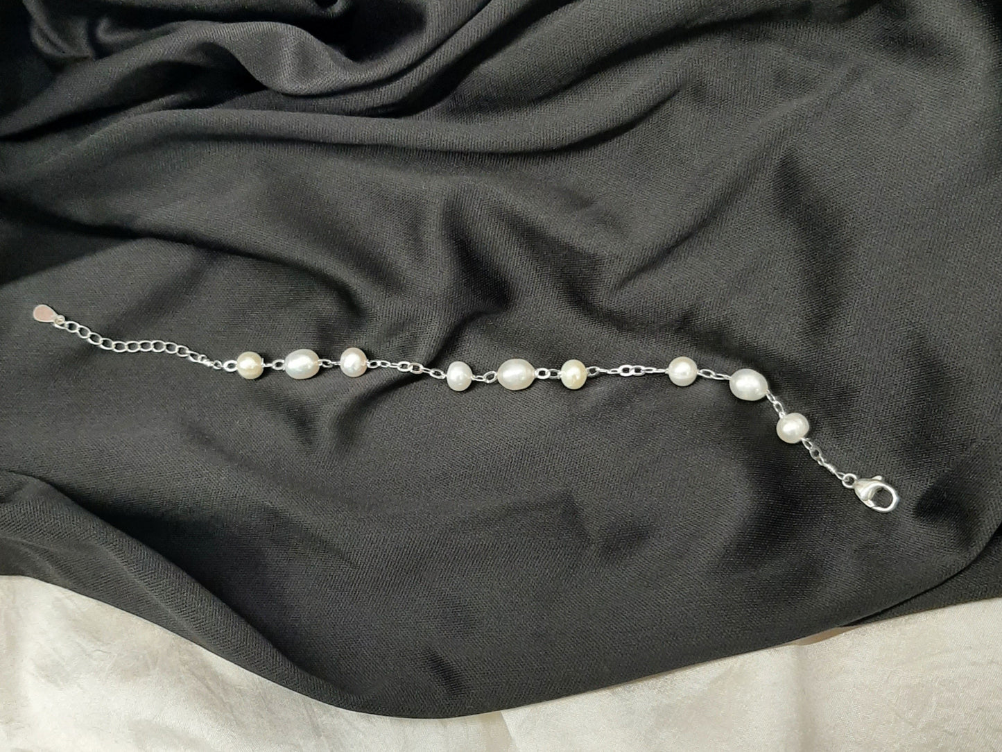 Custom L - natural cultured freshwater pearls and sterling silver chain bracelet
