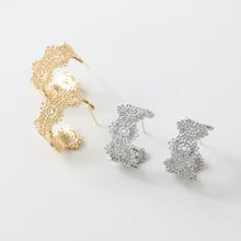 Load image into Gallery viewer, Lenara - gold or silver tone lace patterned C hoop stud earrings with sterling silver post