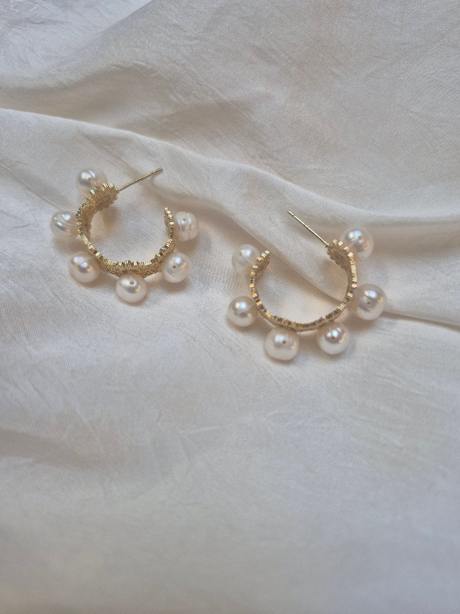 Lenara - gold or silver tone lace patterned C hoop stud earrings with sterling silver post