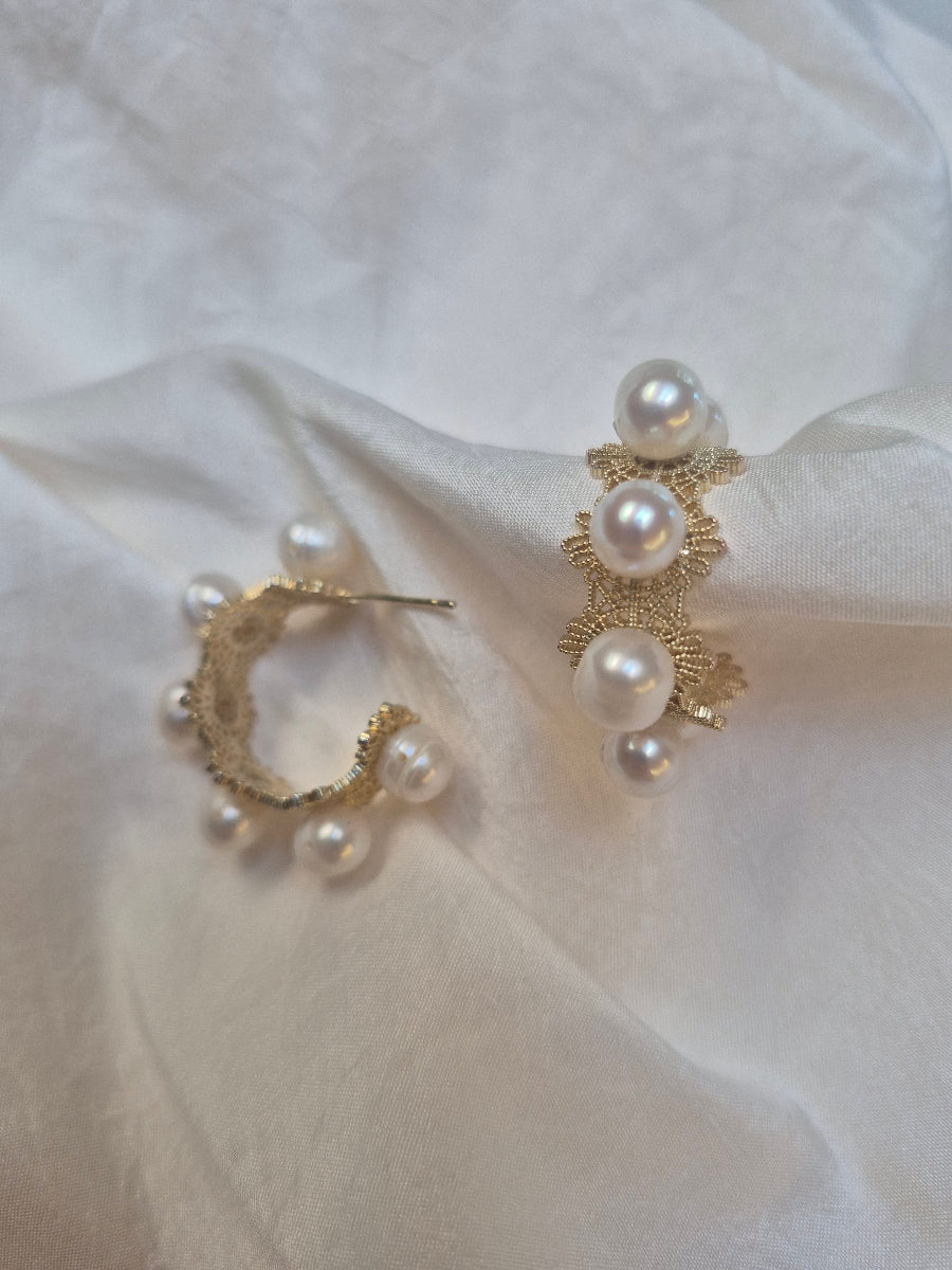 Lenara - gold or silver tone lace patterned C hoop stud earrings with sterling silver post