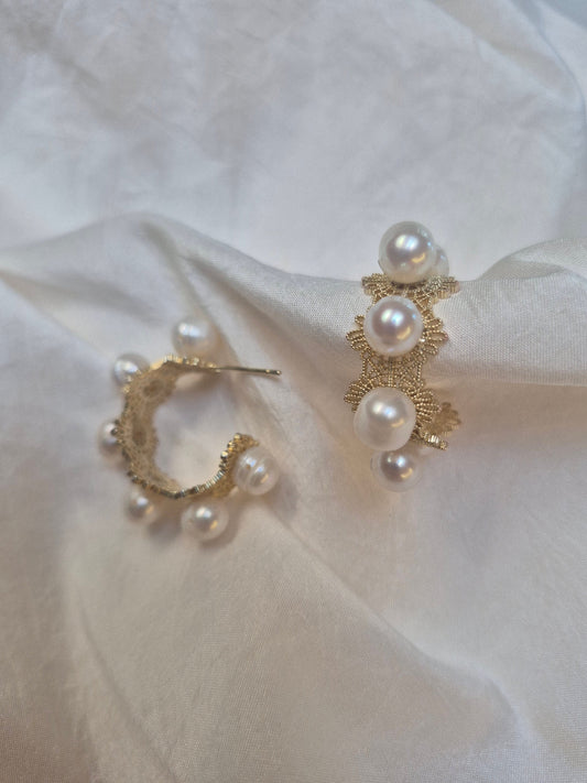 Lenara - gold or silver tone lace patterned C hoop stud earrings with sterling silver post