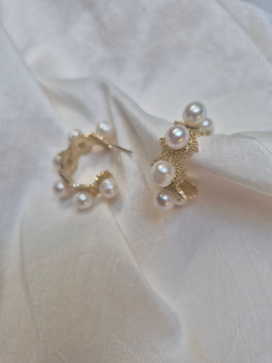 Lenara - gold or silver tone lace patterned C hoop stud earrings with sterling silver post