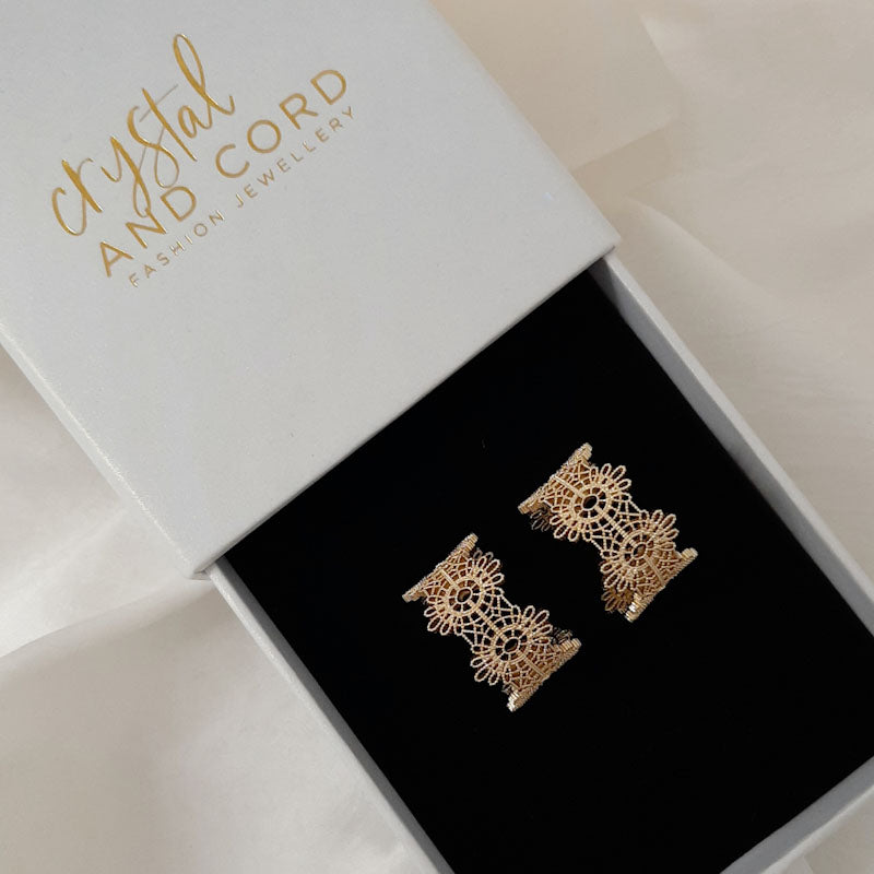 Lenara - gold or silver tone lace patterned C hoop stud earrings with sterling silver post