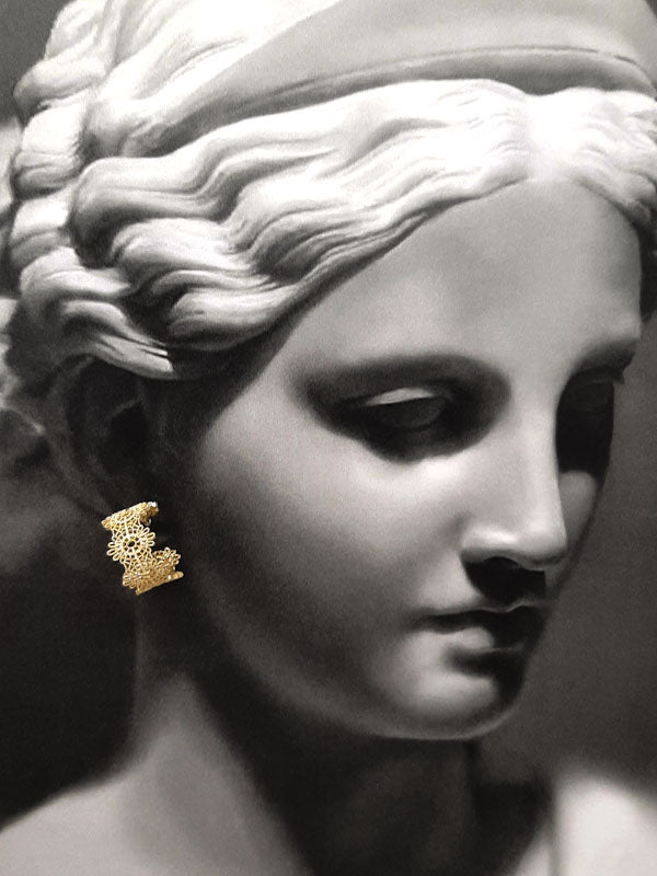 Lenara - gold or silver tone lace patterned C hoop stud earrings with sterling silver post